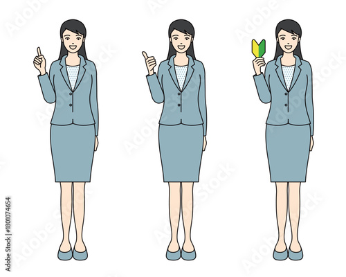 Full body illustration of a woman in a suit giving advice or a thumbs up, including a beginner mark