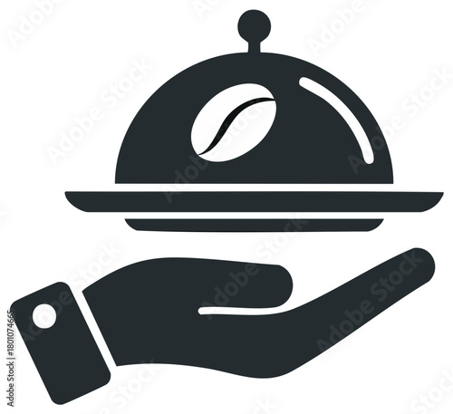 Professional hand serving special coffee cloche on a tray with a clear coffee bean emblem