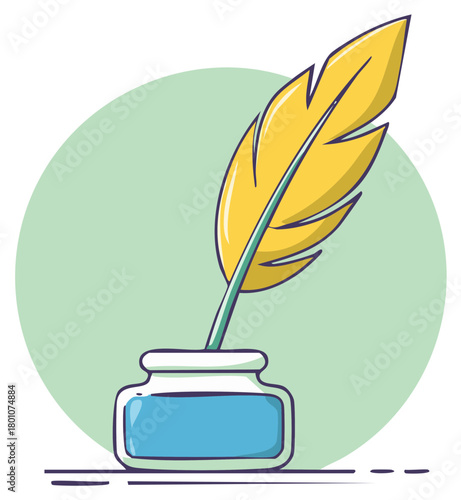 Stylized Writing Quill Pen in Inkwell Illustration Writing Creativity Concept Cartoon Style