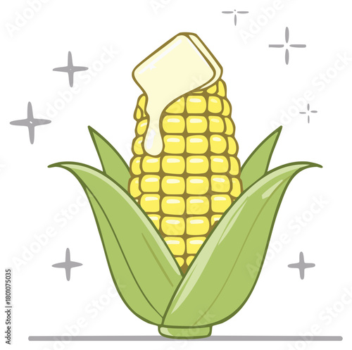 Cartoon ear of corn with butter melting on top, fresh corn on the cob illustration