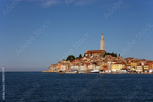 Croatian town of Rovinj with the hilltop church of St. Euphemia, whose towering steeple dominates the skyline