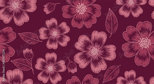 Seamless pattern of stylized pink and burgundy flowers with an embroidered texture and leaves on a deep maroon background.