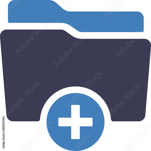 A Dark Blue Folder Icon With A Bright Blue Plus Sign Overlayed On A Transparent Background Representing Adding New Files Or Data
