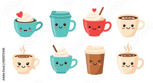A delightful collection of adorable cartoon coffee cups and mugs featuring various expressions, styles, and beverages, isolated on a white background.