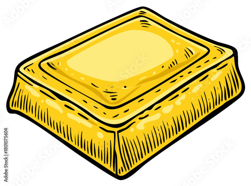 Shiny golden ingot illustration with hand drawn sketch style and rich yellow hues representing wealth and prosperity