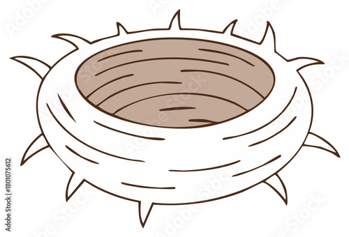 Stylized illustration of an empty bird nest with pointy thorns and a hollow cavity, cartoon drawing