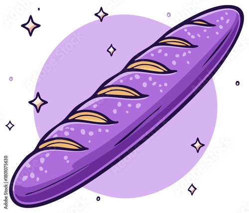 Magical purple baguette cartoon illustration with sparkling stars