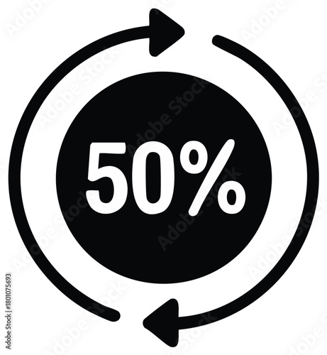 Fifty Percent Progress Icon with Circular Arrow Displaying Half Completion or Renewal Process