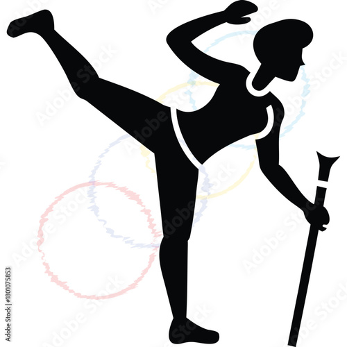 Dynamic Female Athlete Silhouette in Majorette Pose with Baton for Sporty Design