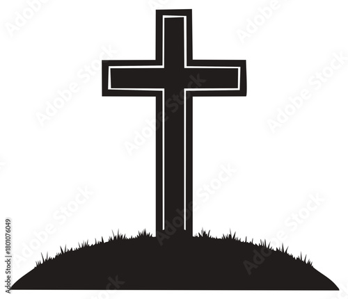 Christian Symbol Cross Silhouette On Grassy Hill Illustration Graphic Element