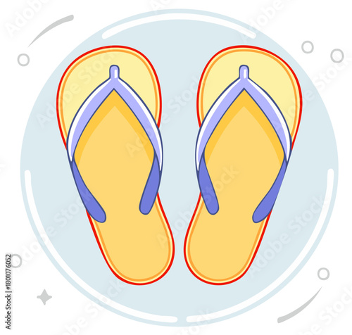 Stylized yellow flip flops with blue straps on a light blue circular background with decorative circles and sparkles
