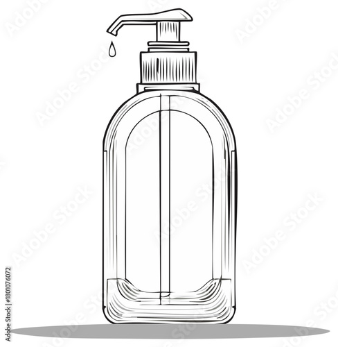 Elegant Liquid Soap Dispenser Illustration: Transparent Bottle with Pump and Droplet, Hygienic Solution Design