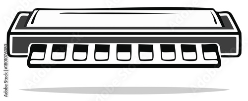 Harmonica Musical Instrument Isolated, Black and White Graphic Illustration