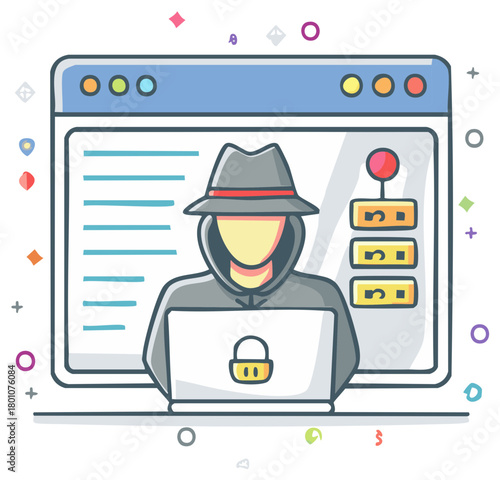 Cyber Criminal with a Hat Using Laptop on Screen for Network Security and Hacking, Cybercrime Icon