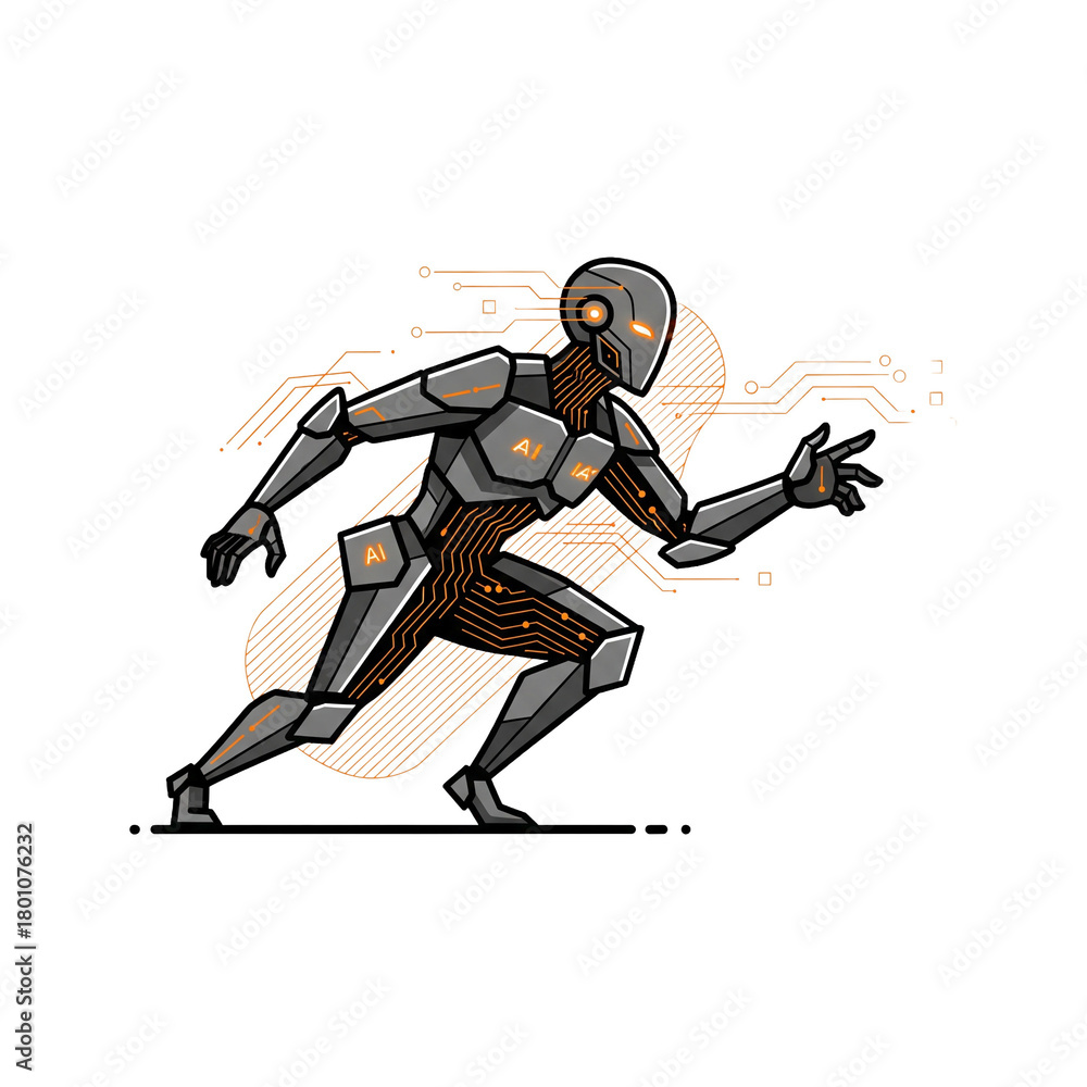 Fototapeta premium Futuristic AI robot running, symbolizing progress and innovation.