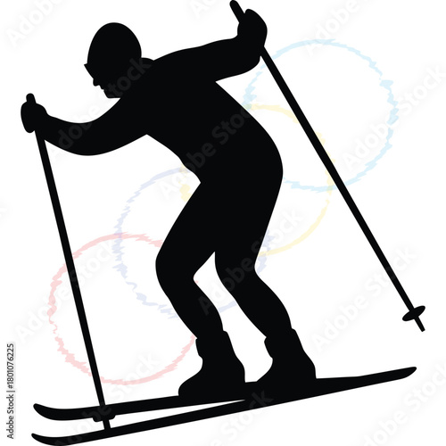 Dynamic Black Silhouette of a Skier Participating in Downhill Skiing Sport