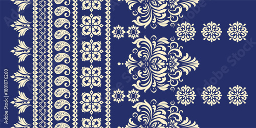 floral pattern vintage ethnic modern embroidery  flower motif branches leaves wallpaper seamless background border.	
