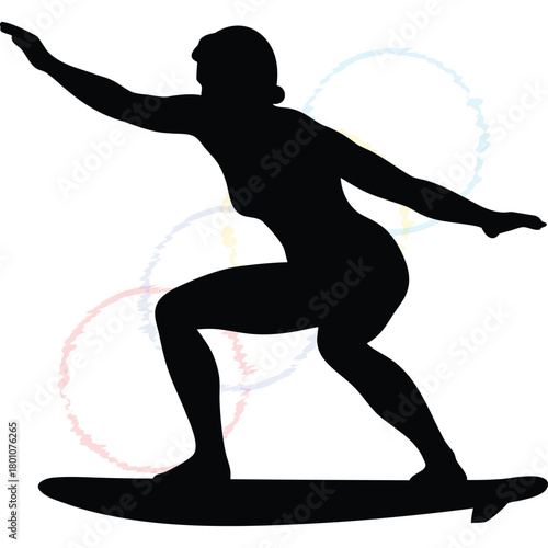 Dynamic Surfer Silhouette: Athletic Woman Riding Wave in Action Sport Activity