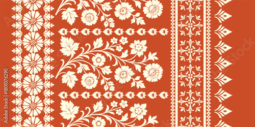 floral pattern vintage ethnic modern embroidery  flower motif branches leaves wallpaper seamless background border.	
