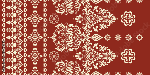 floral pattern vintage ethnic modern embroidery  flower motif branches leaves wallpaper seamless background border.	
