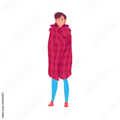 Sick Woman Wrapped in Plaid Blanket with Thermometer