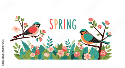 Vibrant spring illustration featuring two beautiful birds on flowering branches, surrounded by lush foliage and the prominent word 'SPRING'.