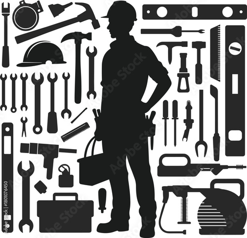 Construction worker and tools set, black silhouette vector, isolated on white, includes wrenches, hammers, helmets, toolbox, digital art assets, cad drawing flat vector illustration