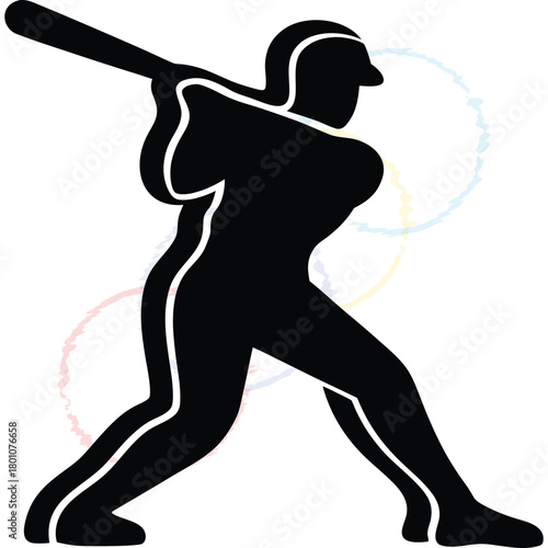 Dynamic Baseball Player Silhouette Swings Bat in Action Graphic for Sports Design