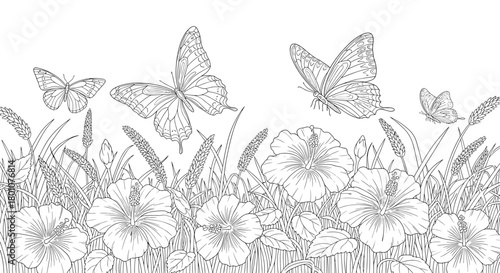 A serene black and white outline illustration captures butterflies dancing above a vibrant field of hibiscus blossoms and varied greenery.