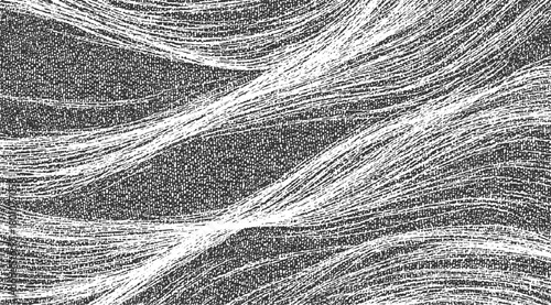 Black and white abstract textured background with flowing white lines and granular pattern vector