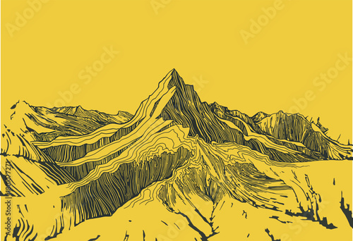 Elegant gold mountain landscape line art wallpaper design with luxurious golden background