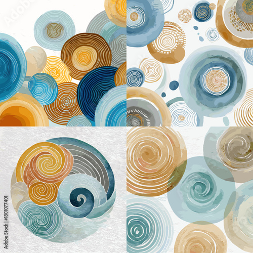 Watercolor spiral circles in blue and amber with swirling motion. Abstract concentric patterns for modern backgrounds, posters, banners, templates, and decorative design.
