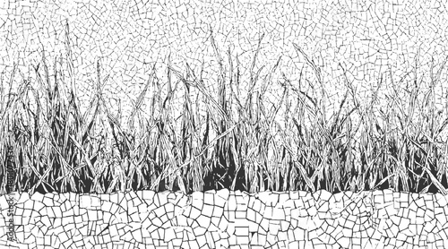 Black and white illustration of tall grass blades against a cracked mosaic background green nature