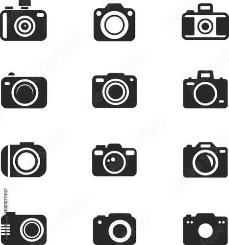 Set of camera icon vector illustrations, various silhouettes for digital, film and vintage cameras, perfect for photography, media, web, app, cad drawing flat vector illustration