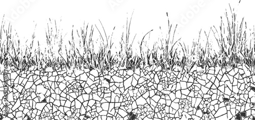 Black and white illustration of dry cracked earth with grass blades vector