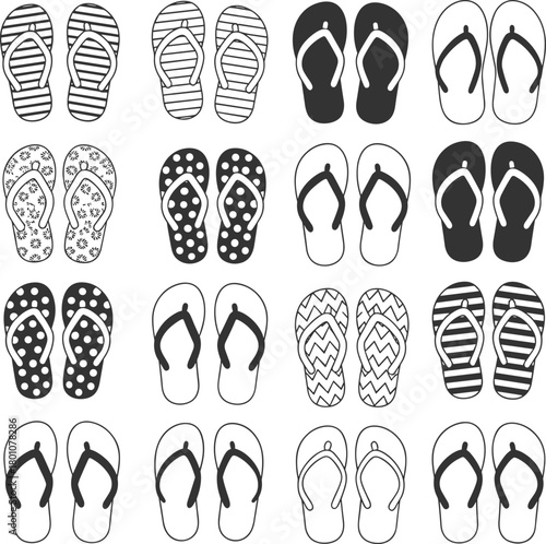 Set of summer flip flops and sandals, various patterns and designs, black and white vector, isolated for apparel, accessories, and travel illustration, cad drawing flat vector illustration