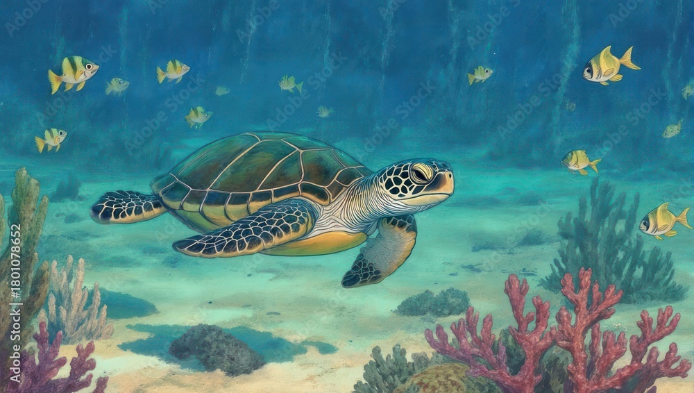Obraz premium A serene underwater scene featuring a sea turtle and small fish swimming around coral