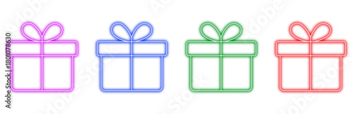 A set of four colorful neon outline gift boxes with ribbons, presented on a white background, symbolizing celebration, surprise, and festive occasions perfect for holiday or birthday designs