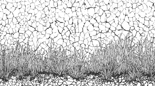 Black and white illustration of dry cracked earth with tall grass ground soil