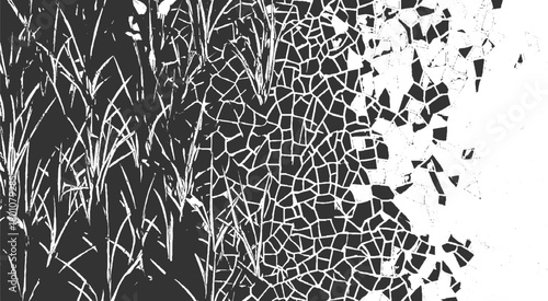 Black and white abstract pattern of grass blades transitioning to fragmented geometric shapes stalks