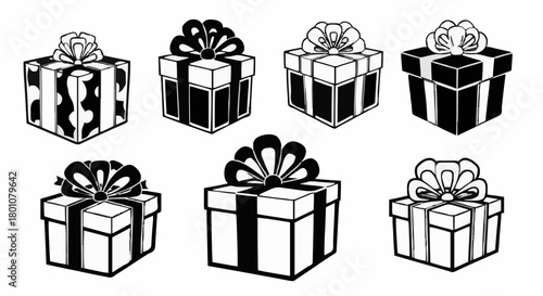 Stylized monochrome gift boxes with decorative bows, a versatile vector illustration set perfect for celebrations, holidays, and special occasion designs