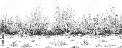 Black and white line drawing of a dense field of tall grasses and plants nature botanical