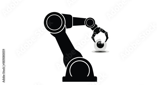 Industrial robot arm carefully holding a sphere with a futuristic eye motif