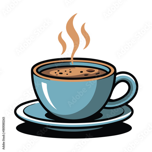 Blue coffee cup with steam on a saucer white background