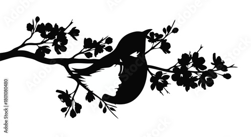 Serene silhouette of a woman's profile merging with a blooming tree branch