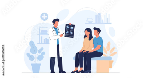 Medical Consultation: Doctor Explaining Brain Scan Results to Couple With Illustration