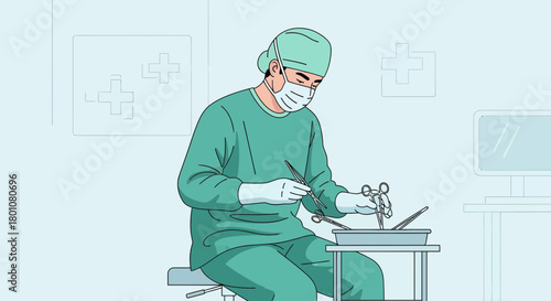 Medical Professional Preparing Instruments Before Surgery In A Sterile Operating Room Setting