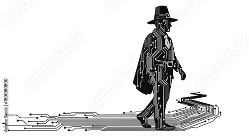Mysterious figure walks on a path made of digital circuits, representing technological advancement and the unknown future.