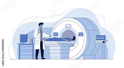 Medical Illustration Featuring Doctor and Patient During MRI Scan Procedure
