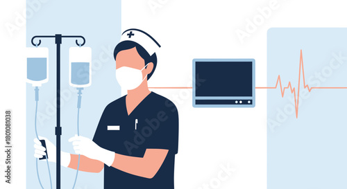 Medical Professional Administering Treatment and Monitoring Vital Signs in Modern Clinic Setting